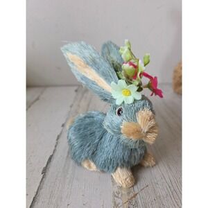 Vintage bottle brush blue bunny rabbit Easter spring flowers sisal figurine